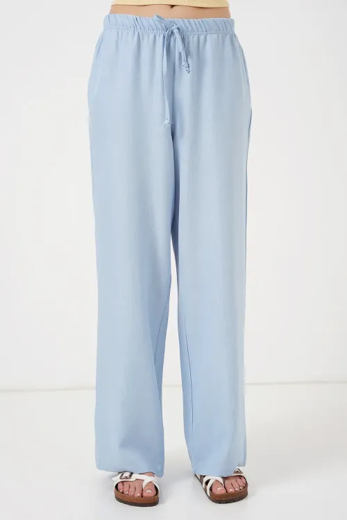 Kadın Geniş Paça Keten Pantolon 6735 - Mavi