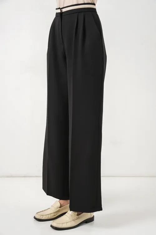 Kadın Geniş Paça Kumaş Pantolon 30088 - Siyah