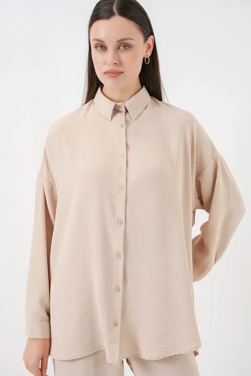 Kadın Gömlek Pantolon İkili Takım 30063 - Krem