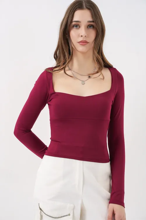 Kadın Kare Yaka Slim Fit Bluz 986 - Bordo