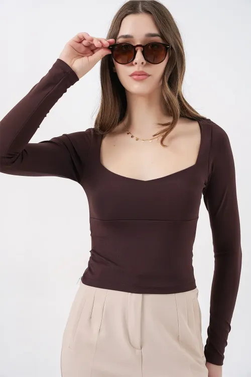 Kadın Kare Yaka Slim Fit Bluz 986 - Kahverengi