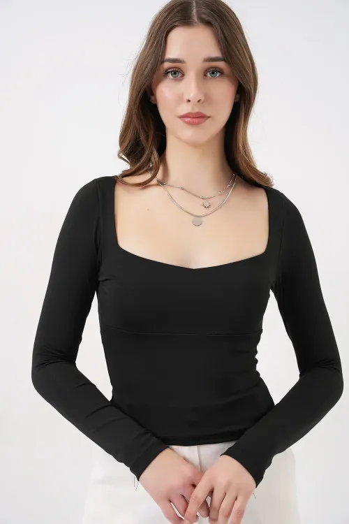Kadın Kare Yaka Slim Fit Bluz 986 - Siyah