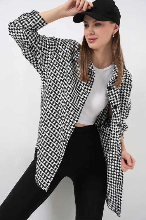 Kadın Kazayağı Desen Oversize Gömlek 3854 - Siyah - Beyaz