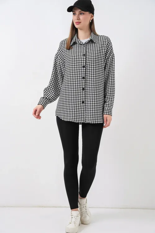 Kadın Kazayağı Desen Oversize Gömlek 3854 - Siyah - Beyaz