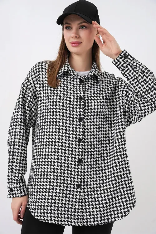 Kadın Kazayağı Desen Oversize Gömlek 3854 - Siyah - Beyaz