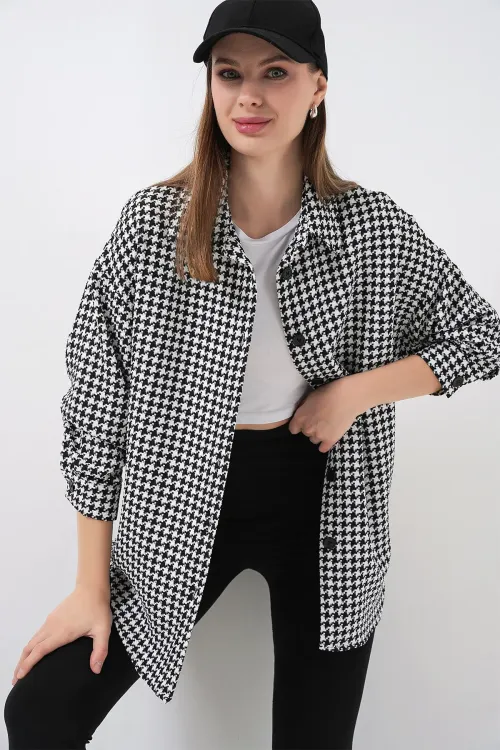 Kadın Kazayağı Desen Oversize Gömlek 3854 - Siyah - Beyaz