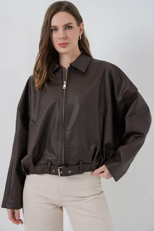 Kadın Kemer Detaylı Deri Ceket 1056 - Kahverengi