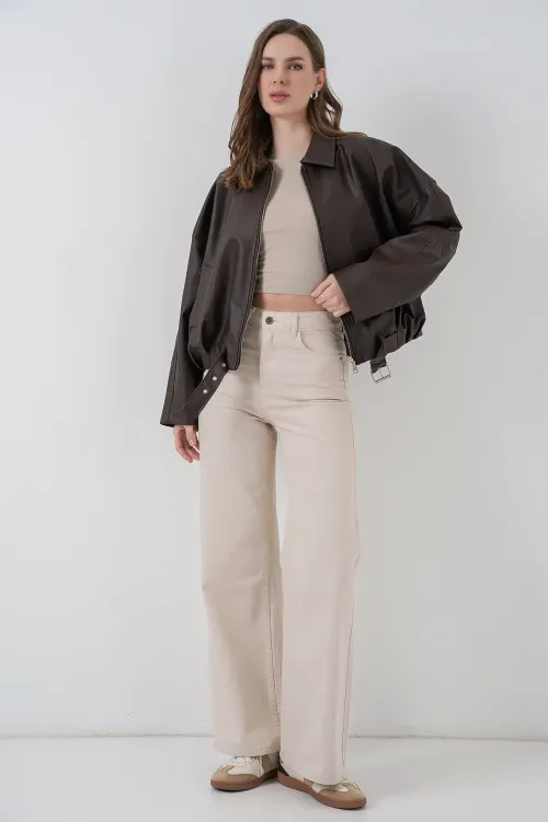 Kadın Kemer Detaylı Deri Ceket 1056 - Kahverengi