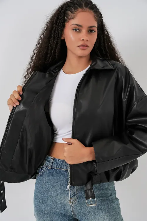 Kadın Kemer Detaylı Deri Ceket 1056 - Siyah