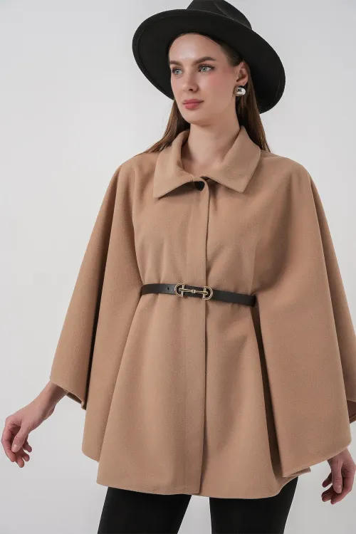 Kadın Kemerli Kaşe Panço 9170 - Camel