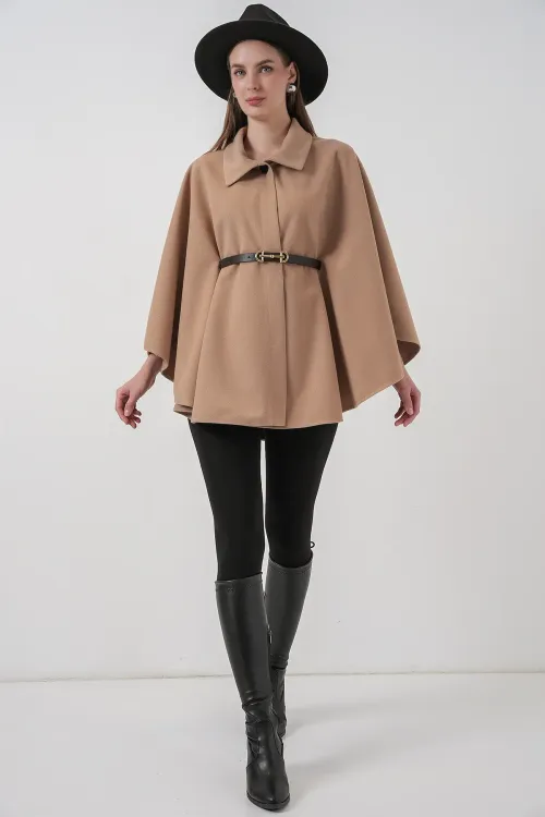 Kadın Kemerli Kaşe Panço 9170 - Camel