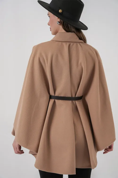 Kadın Kemerli Kaşe Panço 9170 - Camel