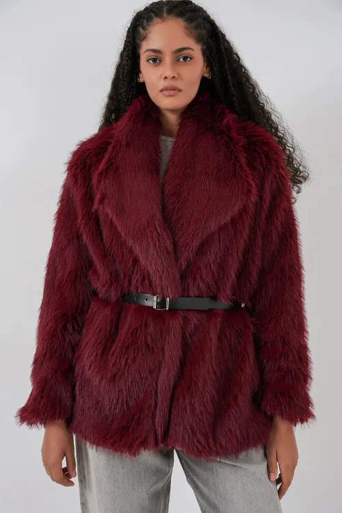 Kadın Kemerli Oversize Kürklü Kaban 9156 - Bordo