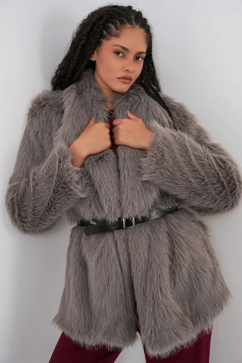 Kadın Kemerli Oversize Kürklü Kaban 9156 - Füme
