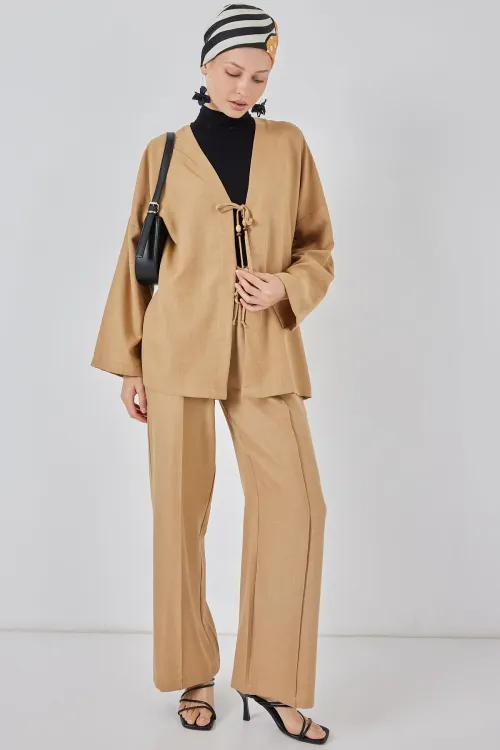 Kadın Keten Kimono İkili Takım 6727 - Bisküvi