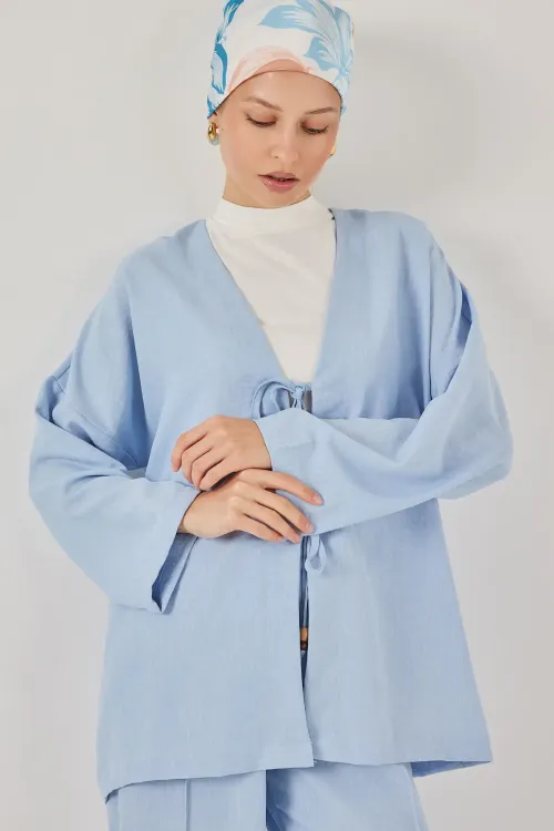 Kadın Keten Kimono İkili Takım 6727 - Mavi