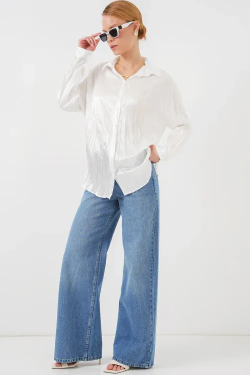 Kadın Kırışık Saten Gömlek 20316 - Beyaz