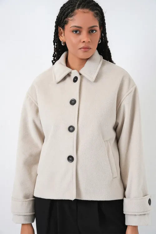 Kadın Kısa Kaşe Ceket 0724 - Ekru