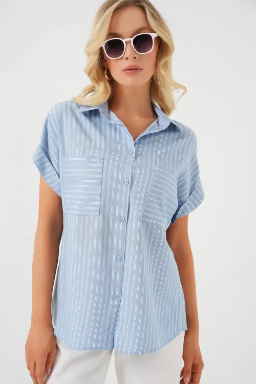 Kadın Kısa Kol Çizgili Oversize Gömlek 20303 - Mavi