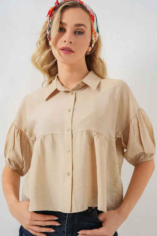 Kadın Kısa Kol Crop Gömlek 20335 - Bej