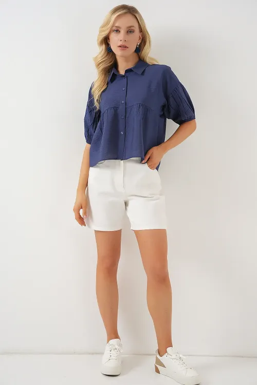 Kadın Kısa Kol Crop Gömlek 20335 - İndigo