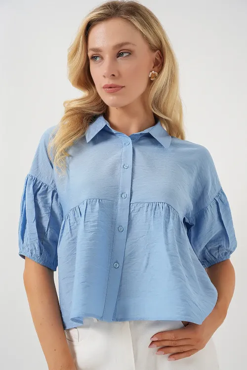 Kadın Kısa Kol Crop Gömlek 20335 - Mavi