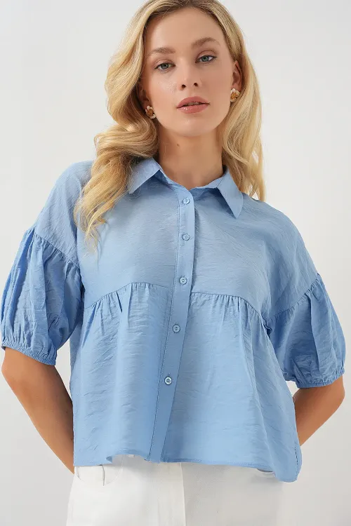 Kadın Kısa Kol Crop Gömlek 20335 - Mavi