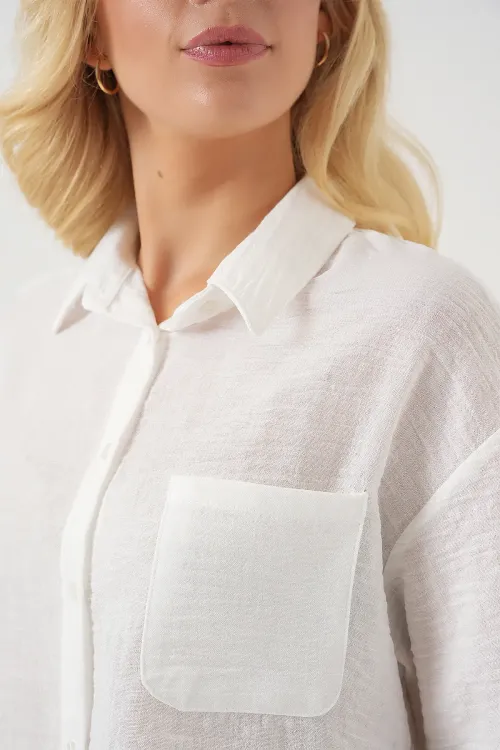 Kadın Kısa Kol Crop Gömlek 20341 - Beyaz