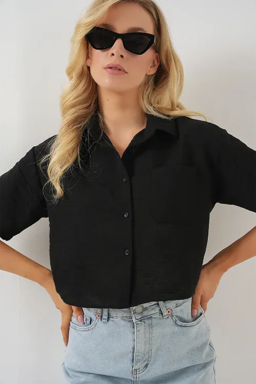 Kadın Kısa Kol Crop Gömlek 20341 - Siyah