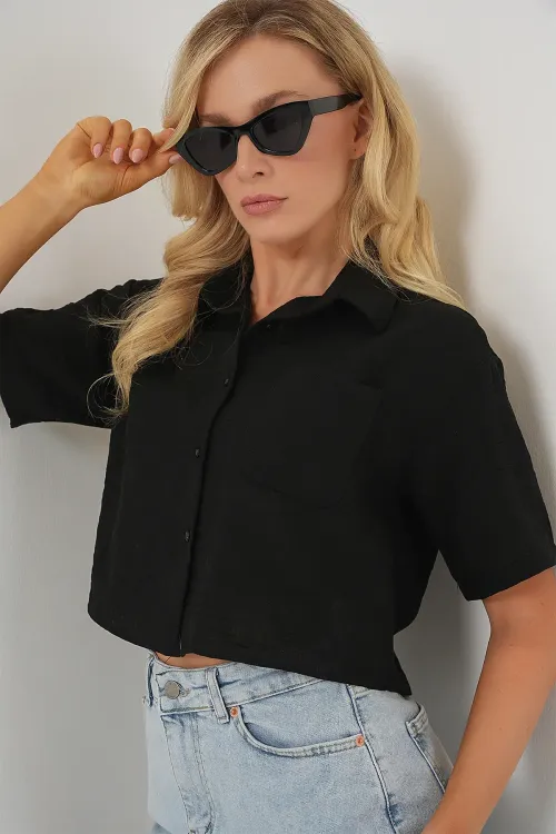 Kadın Kısa Kol Crop Gömlek 20341 - Siyah