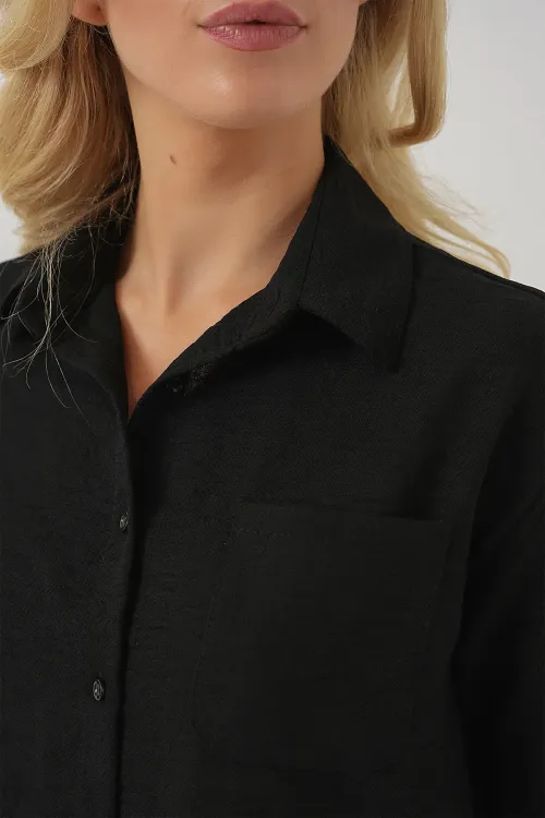 Kadın Kısa Kol Crop Gömlek 20341 - Siyah