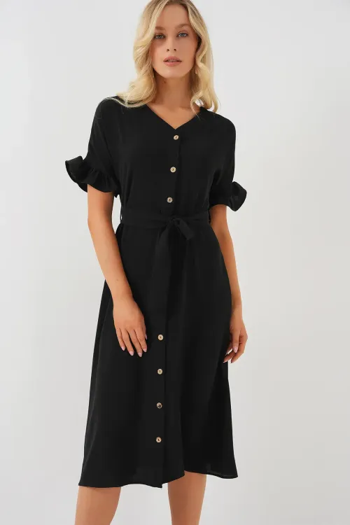 Kadın Kısa Kol Düğmeli Elbise 2555 - Siyah