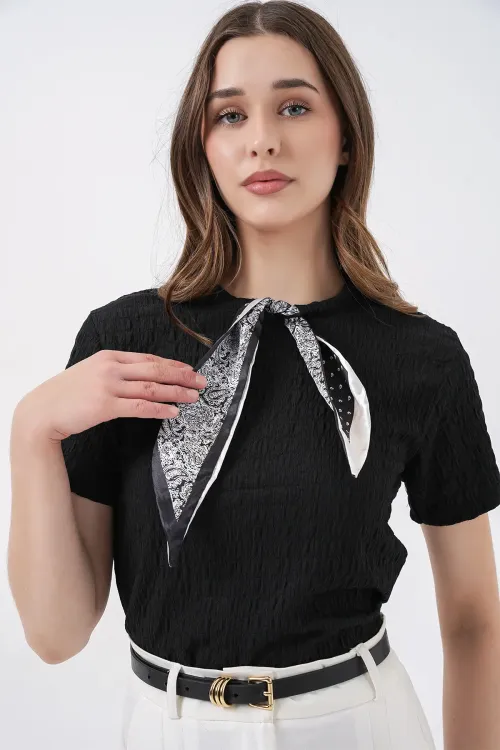 Kadın Kısa Kol Fularlı Örme Bluz 981 - Siyah