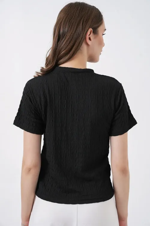 Kadın Kısa Kol Fularlı Örme Bluz 981 - Siyah