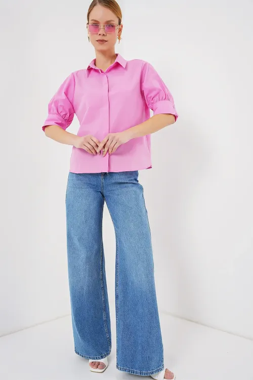 Kadın Kısa Kol Gömlek 20312 - Pembe