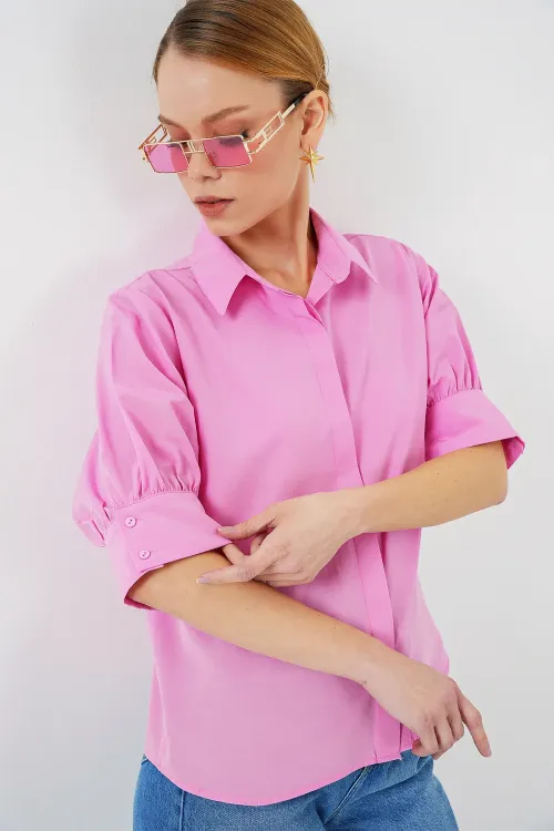 Kadın Kısa Kol Gömlek 20312 - Pembe