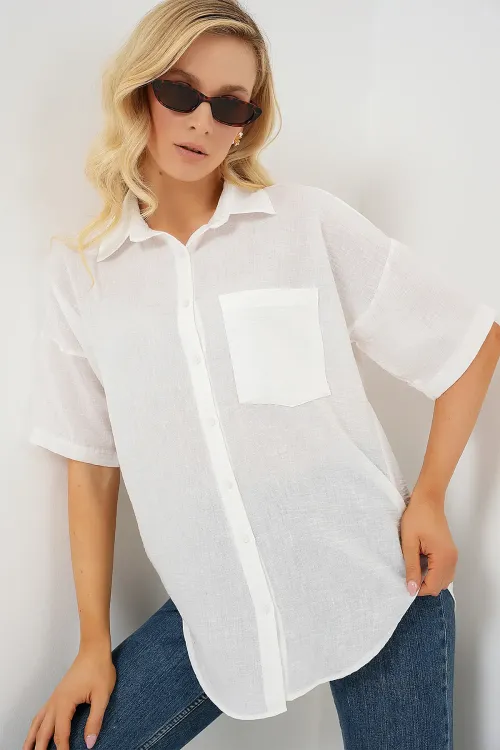 Kadın Kısa Kol Keten Görünümlü Gömlek 20336 - Beyaz