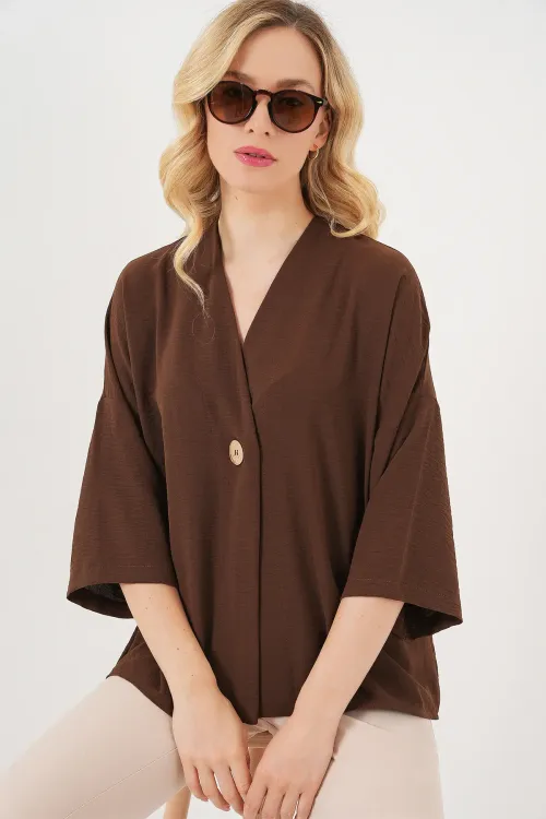 Kadın Kısa Kol Oversize Kimono 5969 - Kahverengi