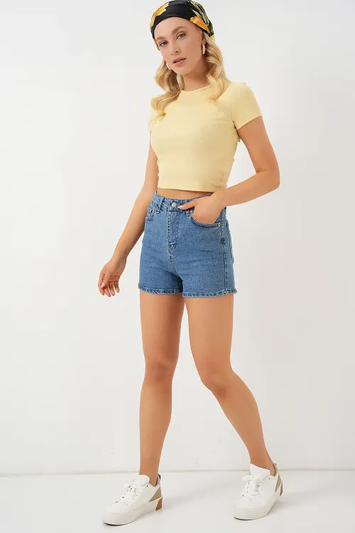 Kadın Kısa Kot Şort 5339 - Lacivert