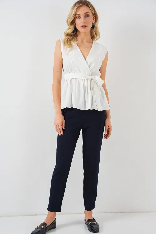 Kadın Kruvaze Yaka Kolsuz Bluz 966 - Beyaz