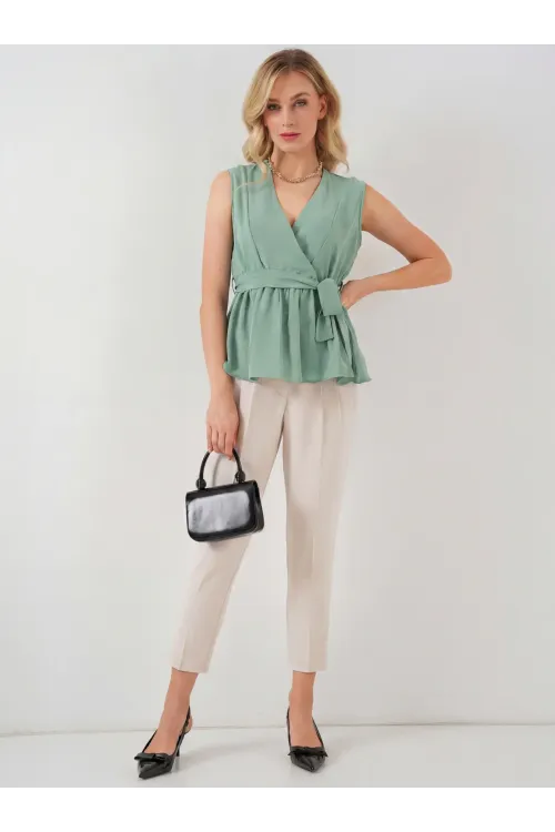 Kadın Kruvaze Yaka Kolsuz Bluz 966 - Çağla