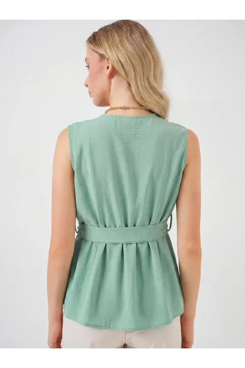 Kadın Kruvaze Yaka Kolsuz Bluz 966 - Çağla