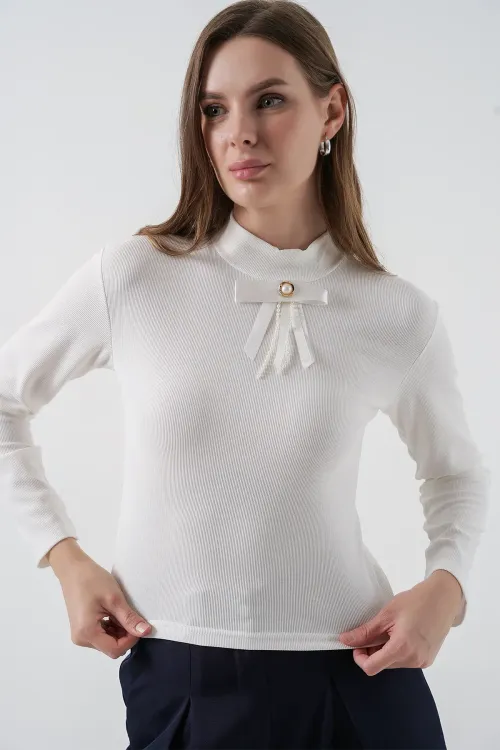 Kadın Kurdale Detay Uzun Kollu Bluz 977 - Beyaz