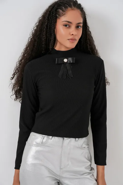 Kadın Kurdale Detay Uzun Kollu Bluz 977 - Siyah