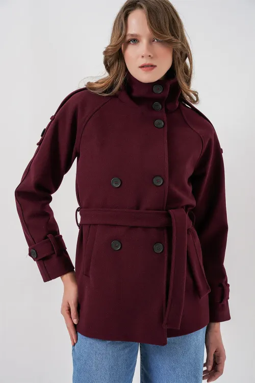 Kadın Kuşaklı Kaşe Kaban 9162 - Bordo