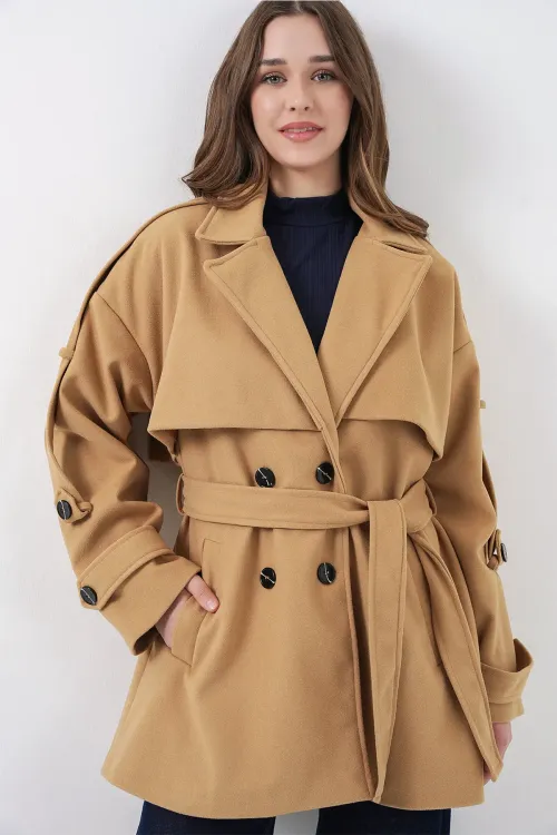 Kadın Kuşaklı Oversize Kaşe Kaban 9157 - Hardal