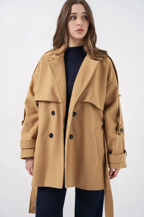Kadın Kuşaklı Oversize Kaşe Kaban 9157 - Hardal