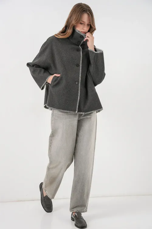 Kadın Nakışlı Kaşe Ceket 9167 - Antrasit