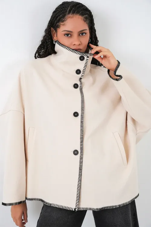 Kadın Nakışlı Kaşe Ceket 9167 - Ekru