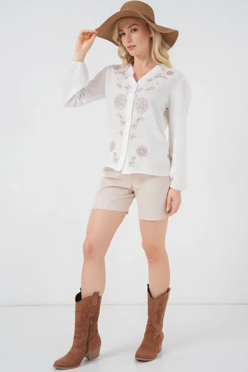 Kadın Nakışlı Uzun Kol Bluz 963 - Kahverengi